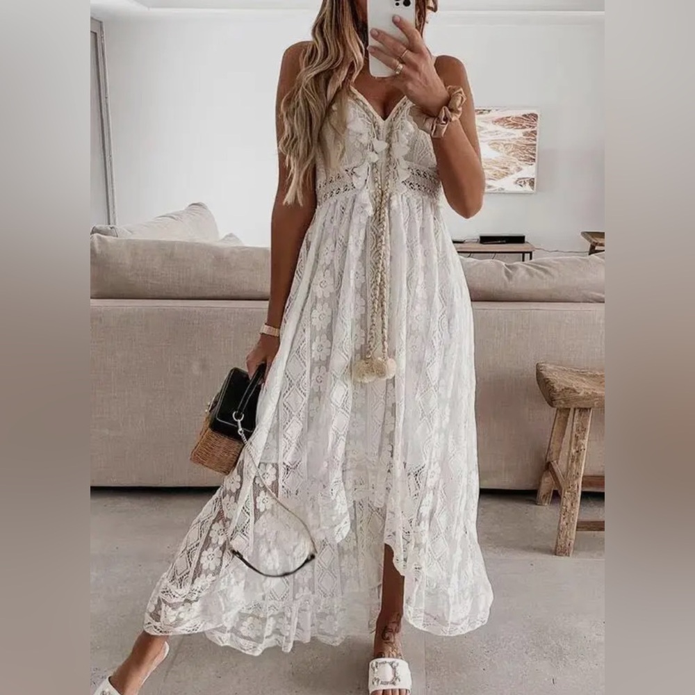 🌺LAST ONE🌺 Boho Beach Lace High Low Adjustable Strap Sundress Summer Dress